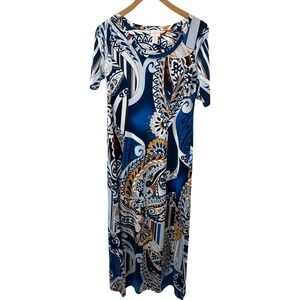 Chico’s  Maxi Dress 00 XS Blue Paisley Medallion Jersey Knit Boho Short Sleeve